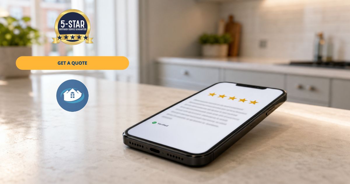 Five-star Google review on a phone screen with a London kitchen backdrop